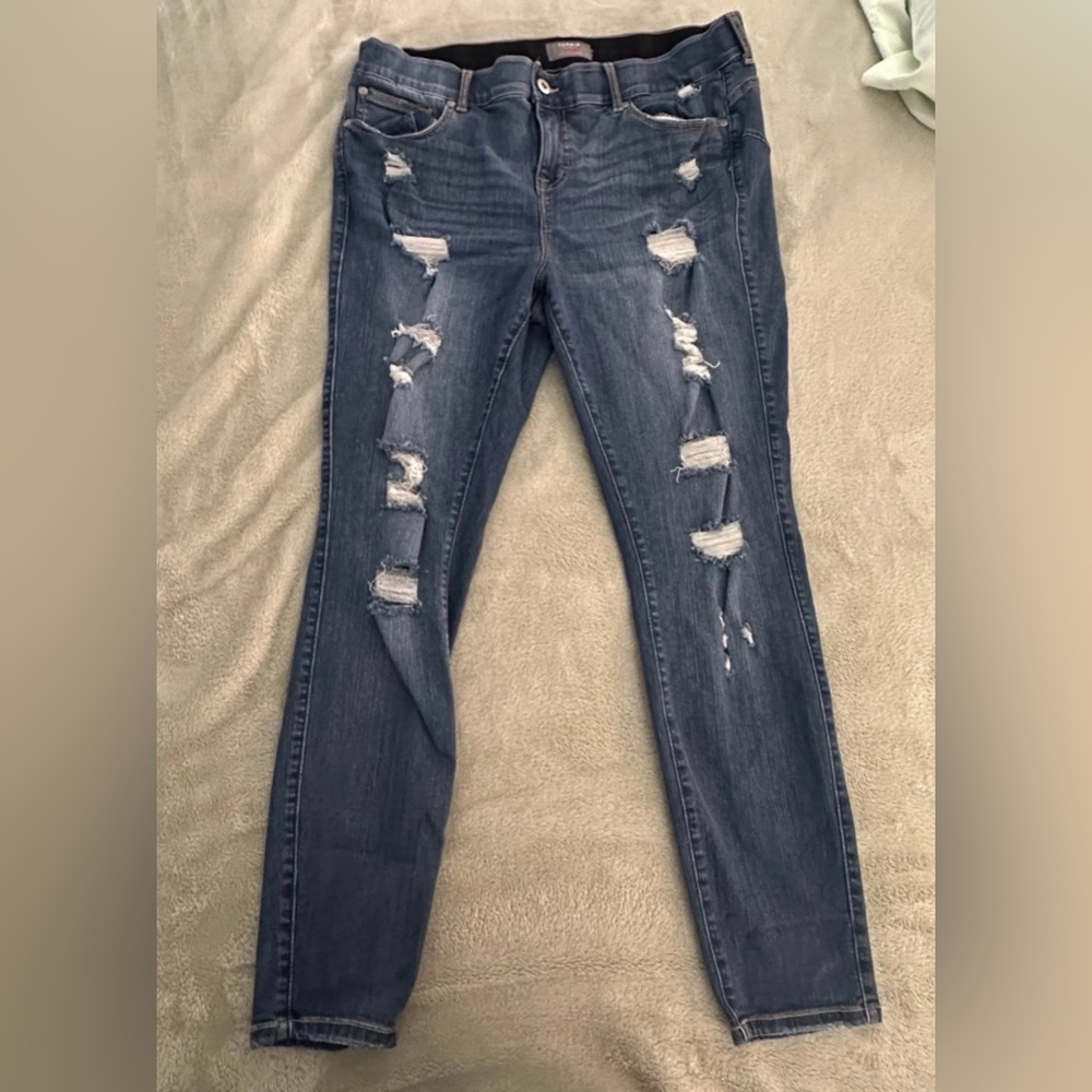 Torrid Dark Blue Distressed Skinny Jeans